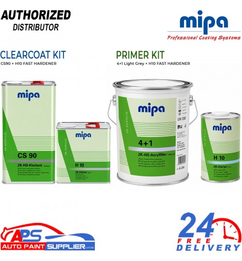 MIPA CS90 Clearcoat & 4:1 High Build Light Grey Primer Kit Extra Fast Hardener