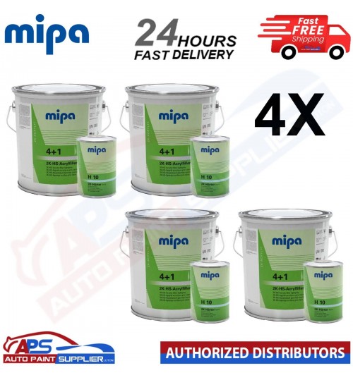 4X MIPA 4+1 ACRYFILLER 2K HIGH BUILD PRIMER GREY4LT + 4X H10 1LTR - FAST DELIVERY