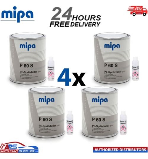 4x MIPA P60 S 2K POLYESTER SPRAY FILLER 1L Grey ULTRA HIGH BUILD REFACE PUTTY