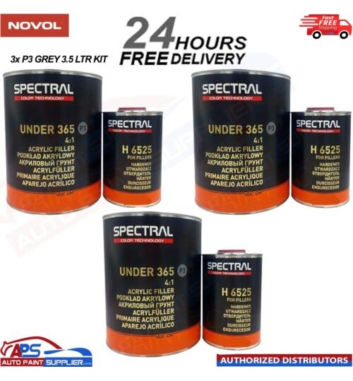 3x NOVOL SPECTRAL 365 P3 GREY MULTI PRIMER 4:1 + H6525 FAST HARDENER 3.5L KIT