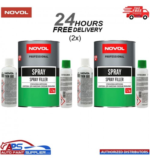 2x NOVOL POLYESTER SPRAY FILLER KIT 1.2KG + THINNER & HARDENER