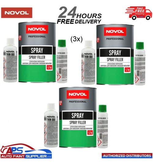 3x NOVOL POLYESTER SPRAY FILLER KIT 1.2KG + THINNER & HARDENER