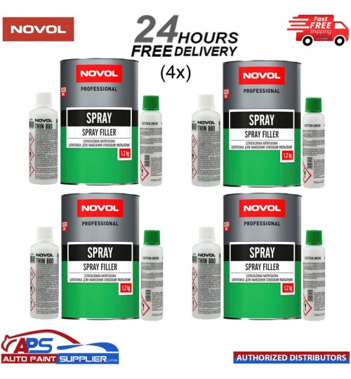4x NOVOL POLYESTER SPRAY FILLER KIT 1.2KG + THINNER & HARDENER