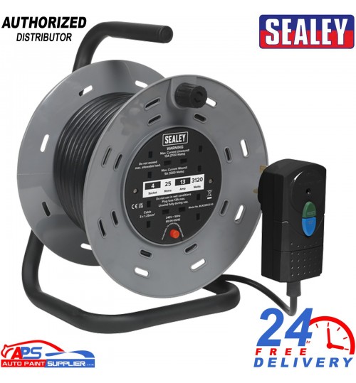 Sealey BCR25RCD 25m Cable Reel – 4x230V Sockets + RCD Plug & Trip